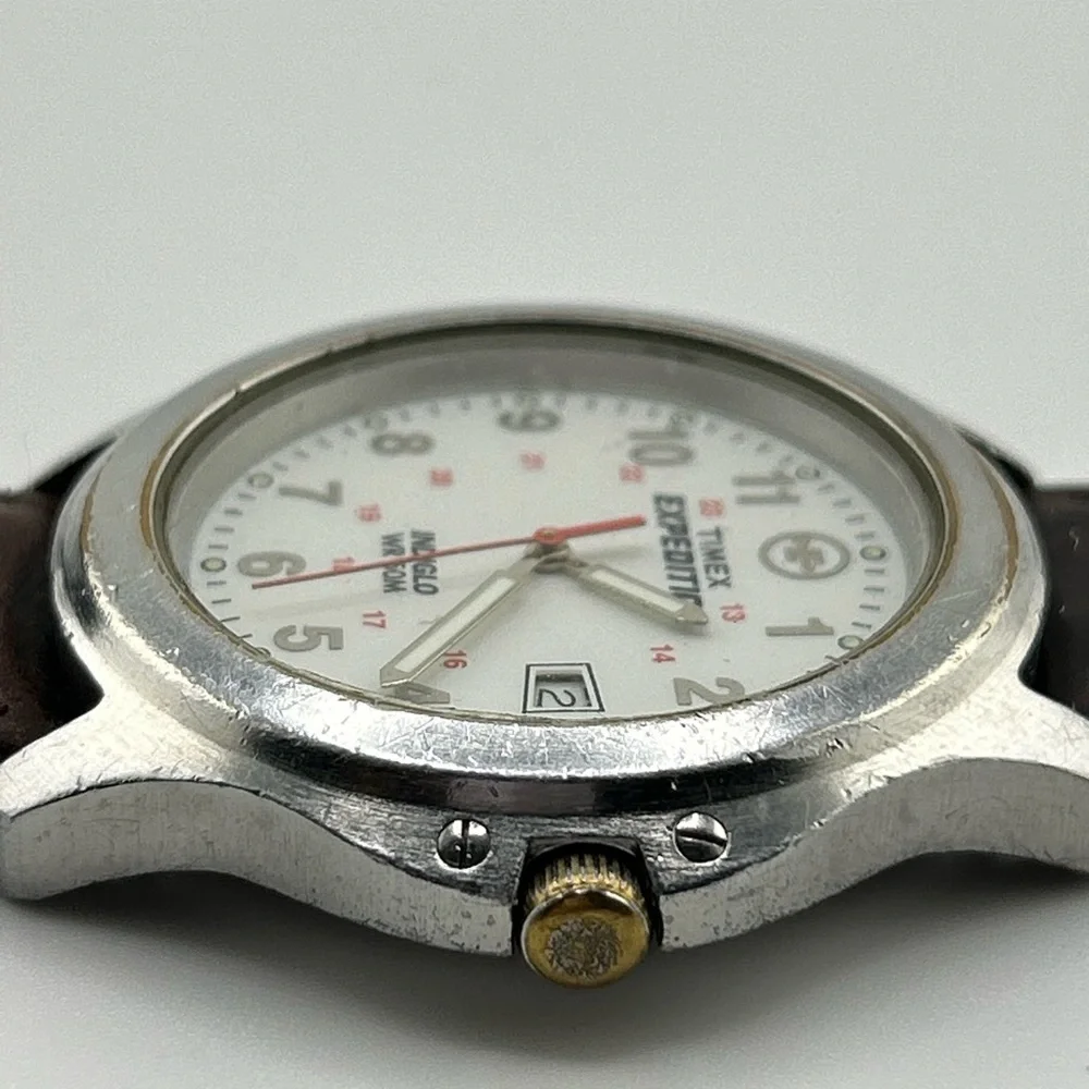 Timex Expedition Mens White Dial Indiglo Field Watch Brown Leather #574